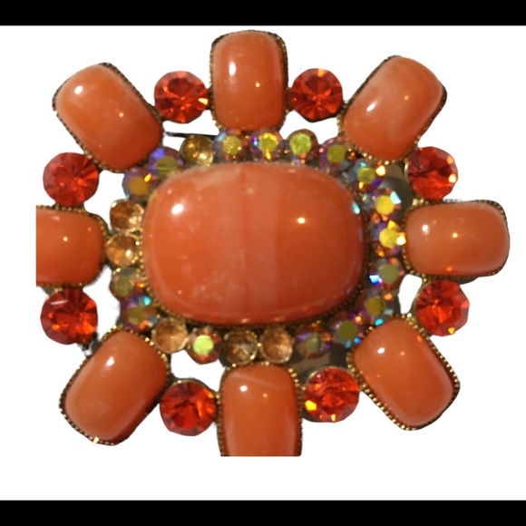 BEAUTIFUL vintage orange brooch pin with gold and iridescent rhinestones - Picture 6 of 7